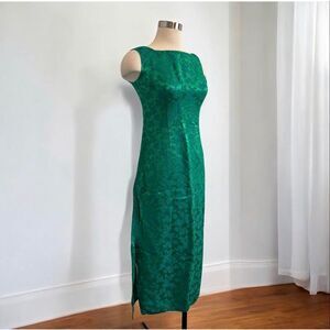 Vintage 60s 1960s Green Blue Wiggle Pencil Slit Floral Square Dress Pinup XS